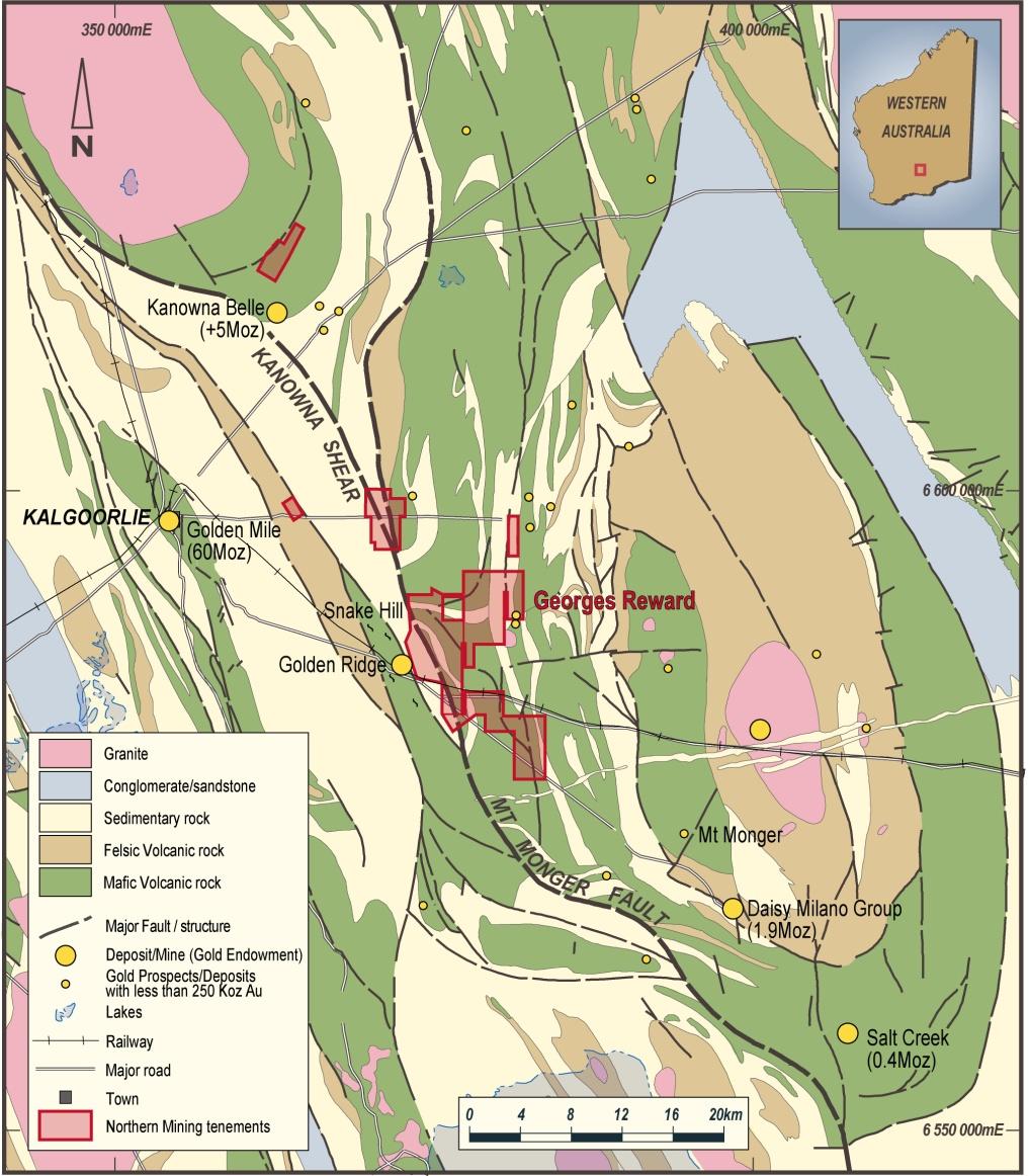 The Snake Hill Prospect is located 7 kilometres west of Northern Mining s George s Reward deposit and is considered highly prospective for gold mineralisation with extensive surficial gold anomalism