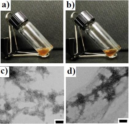 Fig. S2 Optical images of a) 1c, b) 1d non-gelation at 3 wt% in aqueous