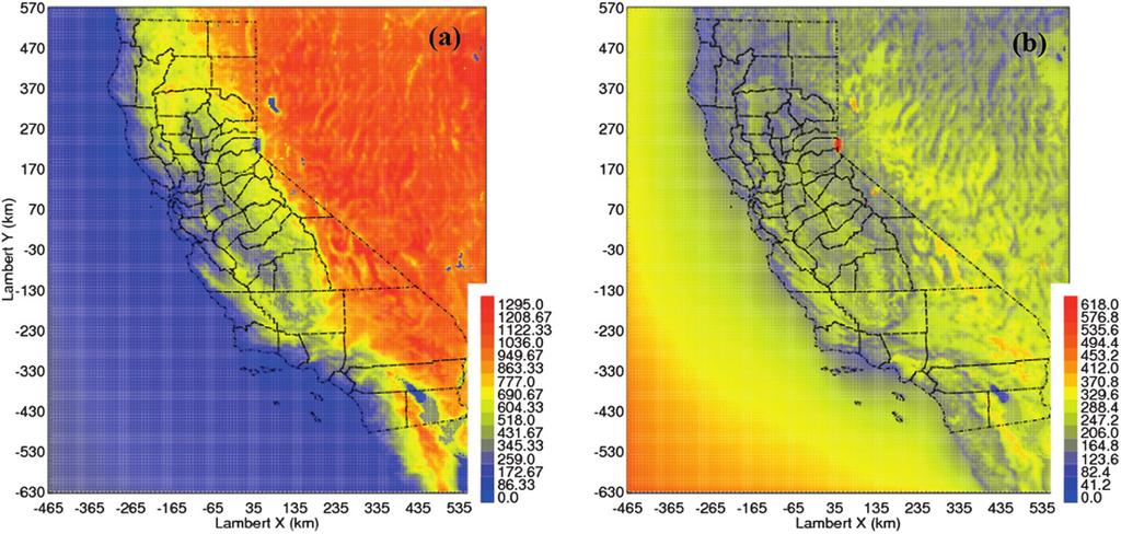 3352 J O U R N A L O F C L I M A T E VOLUME 24 FIG. 5. The 7-yr-averaged PBLH from GFS WRF simulations during (a) summer and (b) winter. Units are in m. coast of northern CA during summer (Fig. 4c).