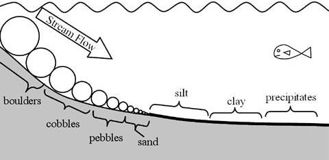 larger sediments will settle faster - runder sediments settle faster and flatter