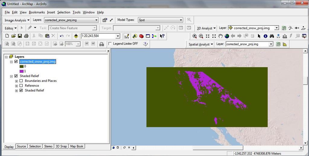 3. ArcMap View with Base Map Move your projected image into ArcMap and add a base map with terrain and shaded relief. (You can just open ArcMap and drag the.
