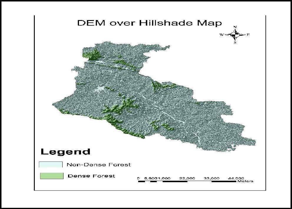 7. Conclusion Figure 6: Overlapped of DEM and Hillshade Map (Azimuth 300, Sun angle 45) (Source: Aster DEM) In the present research work the Dense Forest cover affects measured as a comparable change