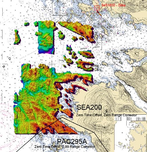 Results - Sitka Bathymetry for the Sitka survey area is shown in Figure 9. As noted with the Shumigan data set, only areas where both ellipsoid and tide reduced soundings were calculated are shown.