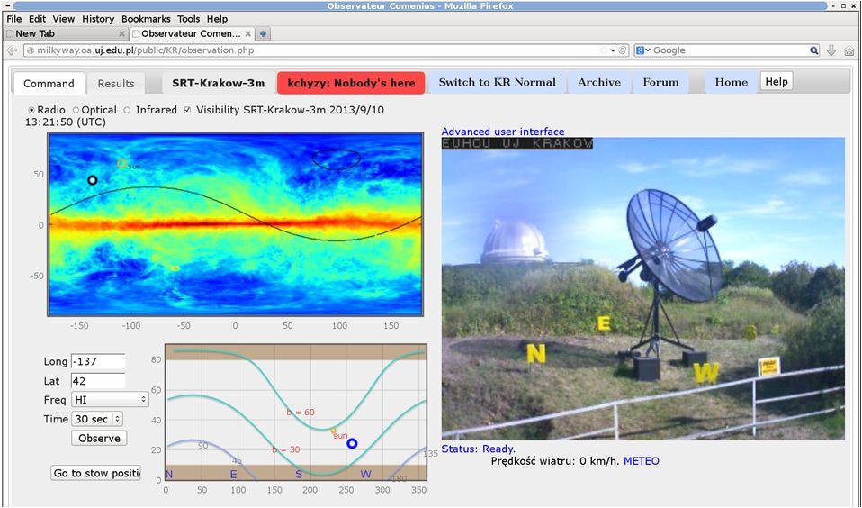 Krzysztof T. Chyży Fig. 2: Observing web page which enable on-line steering of the 3m Krakow s radiotelescope and see it by a camera. the observation or choose other direction in the sky.