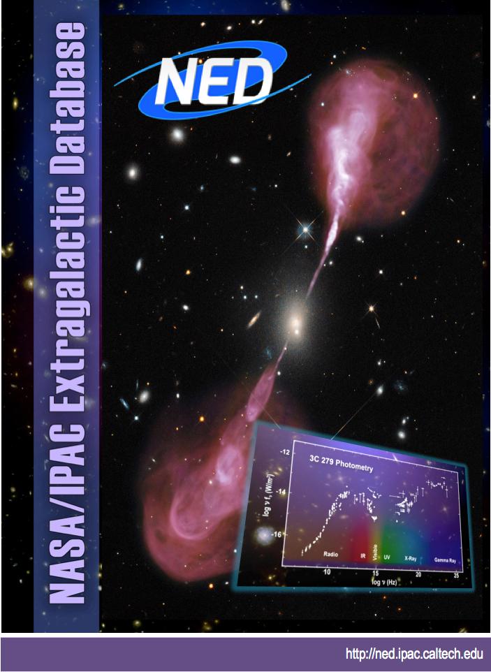 NED Mission: Provide a comprehensive, reliable and easy-to-use synthesis of multi-wavelength data from NASA missions, published catalogs, and the refereed literature, to enhance and enable