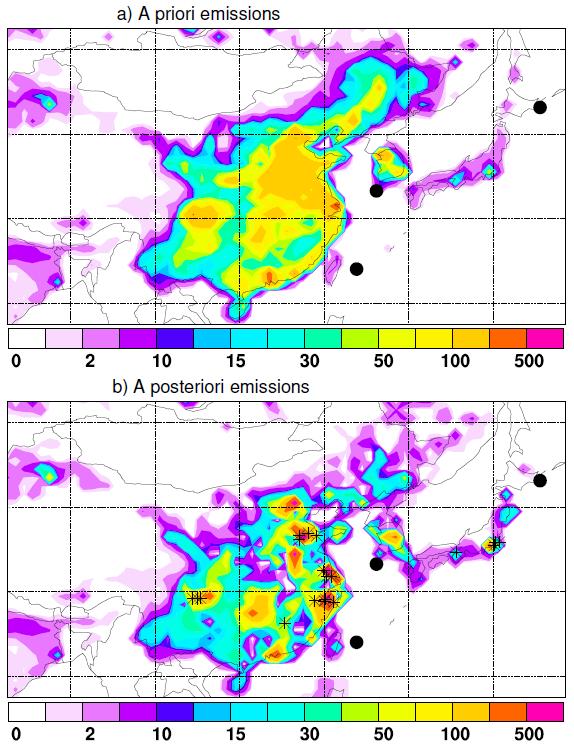 Halocarbon emissions in China Example: HFC-23 a by-product of HCFC-22 production Black dots: 3 measurement stations Top panel: emission distribution available a priori Bottom