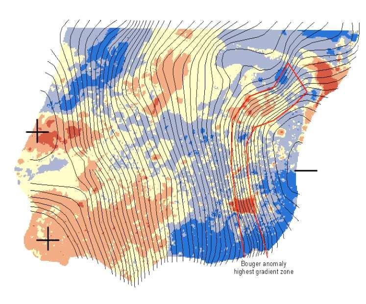 At a regional scale, the interpolated data correlates with deep buried basement geological features revealed by gravimetric (figure 4) and aeromagnetic data (Carvalho, 2003; L. Torres, pers.