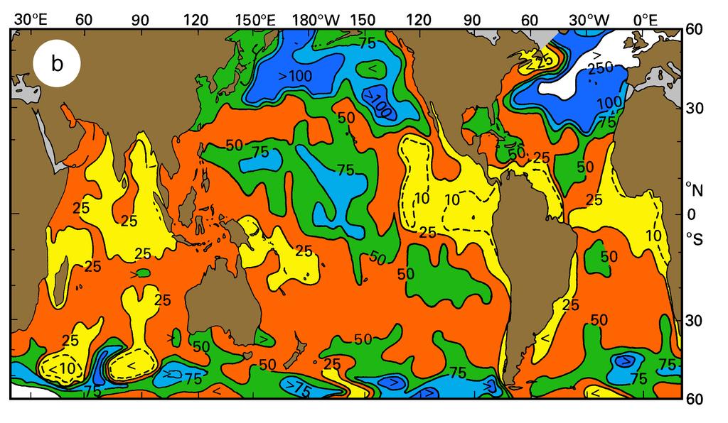 Water mass formation and subduction 59 Fig. 5.6. Mean depth of the surface isopycnal layer (m). (a) August - October, (b) February - April.