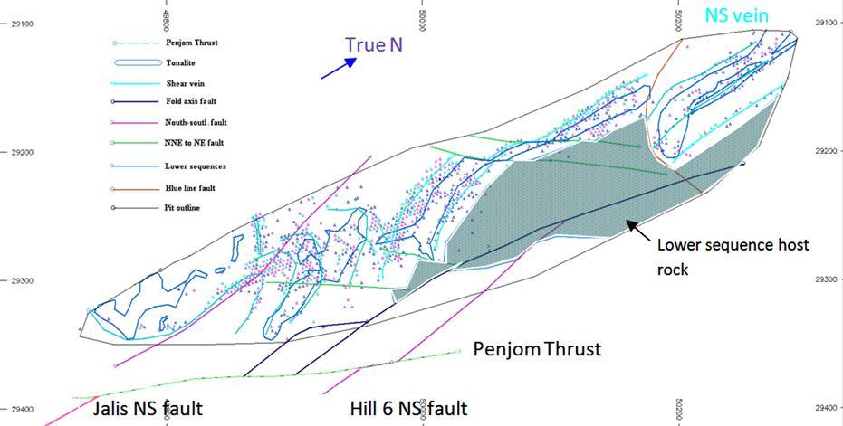 Penjom Thrust Tonalite Shear vein Fold axis fault North south fault North-northeast fault Lower sequence Blue Line fault Pit line Middle Mine Sequences Figure 3.