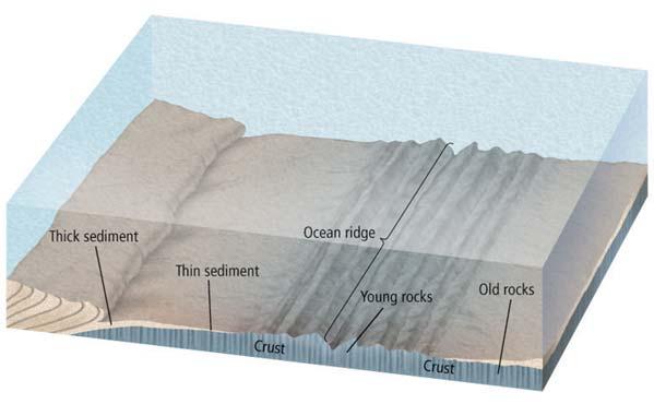 Ocean Rocks and Sediments Observations of ocean-floor sediments revealed that, like the age of ocean crust, the thickness of