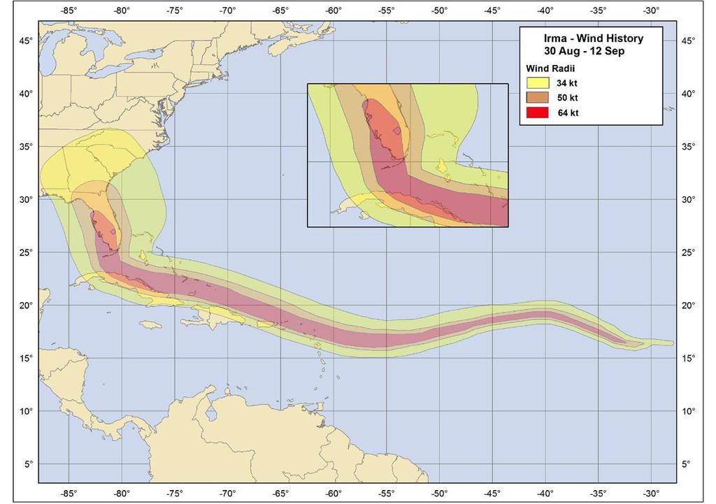 Figure 7. Hurricane Irma s Wind Field (August 30, 2017, through September 12, 2017; wind speed in knots) Source: Cangialosi, Latto, and Berg, Hurricane Irma, 2018, Figure 4.