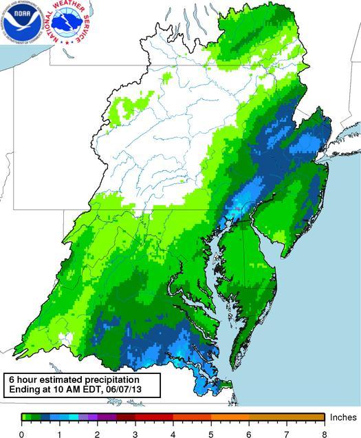 Rain on the ground in the past 6 hours Rain during the past 6 hours has been heaviest in the Middle and Lower