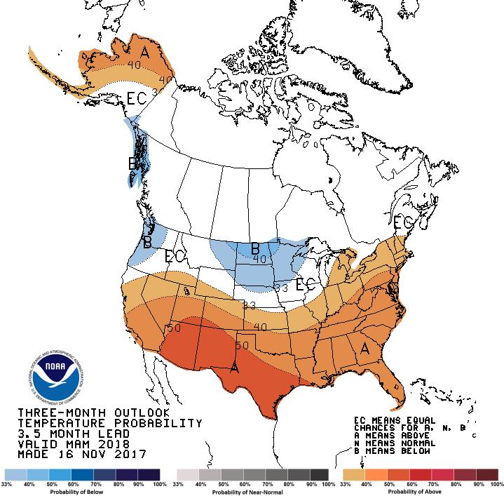 3 Month Temperature and Precipitation Outlooks, Mar-May Temperature