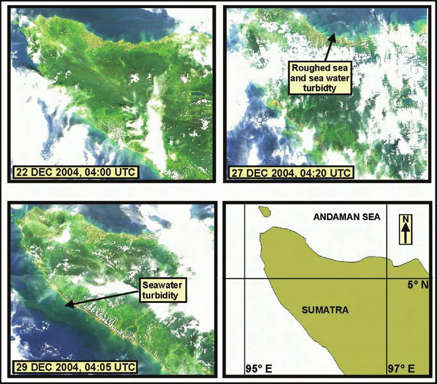 Satellite Observations of the Great Mega Thrust Sumatra Earthquake Activities Figure 4 : Terra-MODIS data shows the turbidity in the seawater near coast of Sumatra due to the Tsunami after the