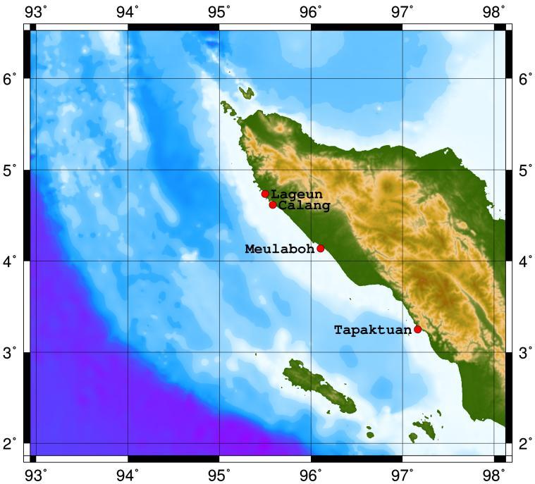 Study Area The areas of simulation will be used are Meulaboh, Lageun the capital of the Aceh Jaya Regency, Calang, and Tapaktuan located along the southwestern coast of Aceh Province.