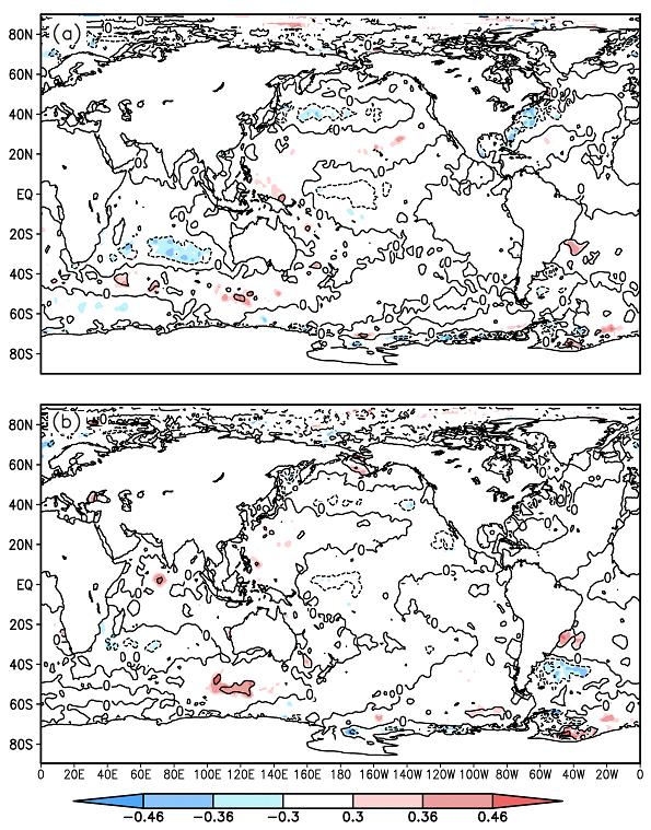 Figure 4.7: Correlation (shaded) and regression (contour) of interannual variations between precipitation of Okinawa region in May and SST of each month (January-June).