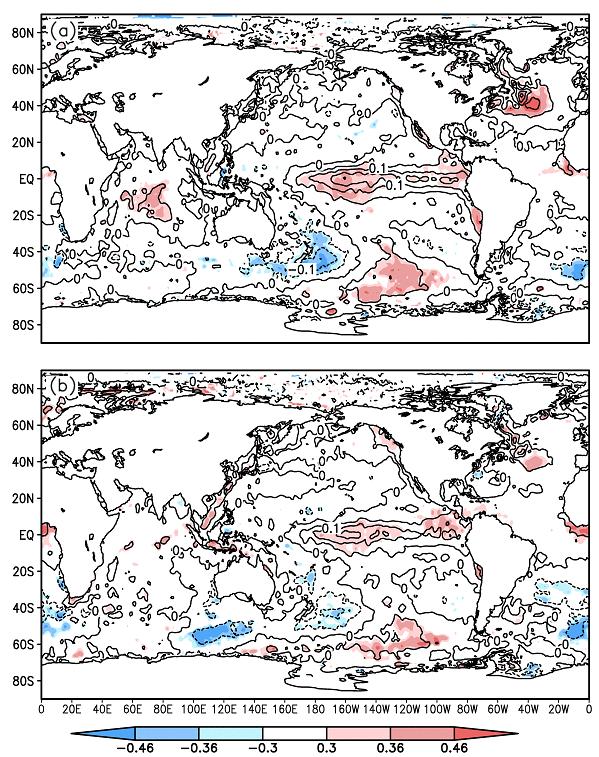 Figure 4.14: Correlation (shaded) and regression (contour) of interannual variability between precipitation of Okinawa region in June and SST of each month. (a) January.