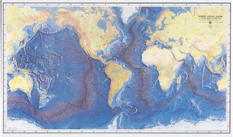 Marie Tharp's "World Ocean Floor Map She took the SONAR readings and working with only pens and rulers, drew the details of the ocean floor using longitude degree by latitude degree.