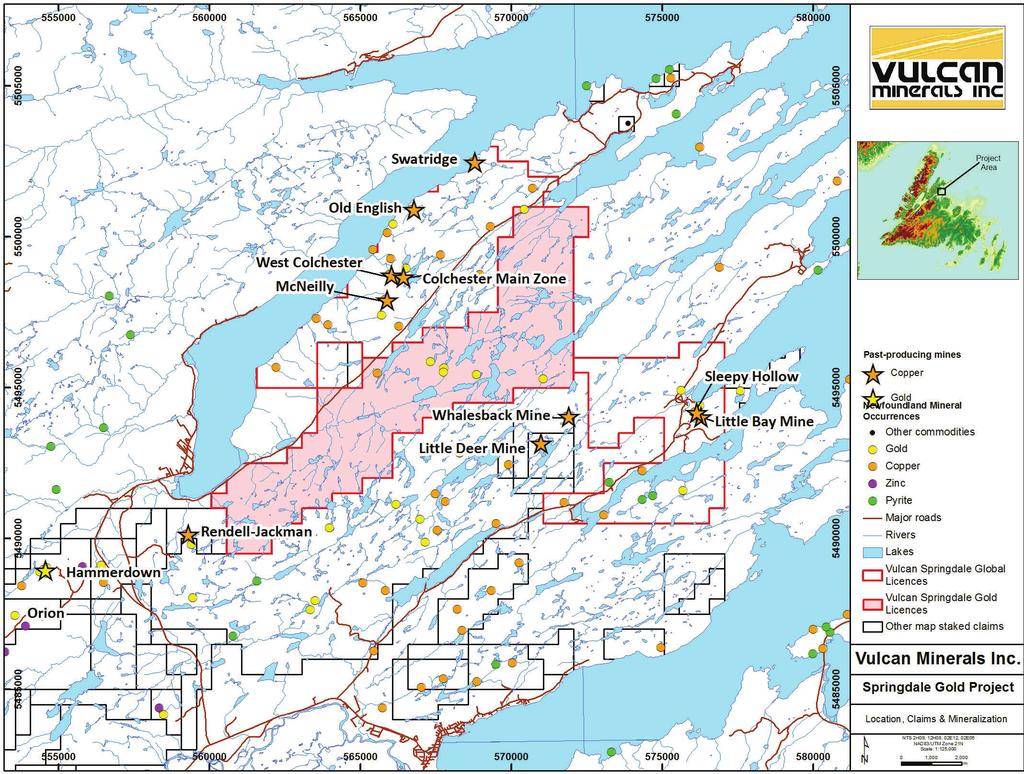Springdale Gold Project High-Grade Gold Potential on the Springdale Peninsula, Newfoundland Project Overview - Springdale Gold project is 100% owned by Vulcan Minerals Inc.