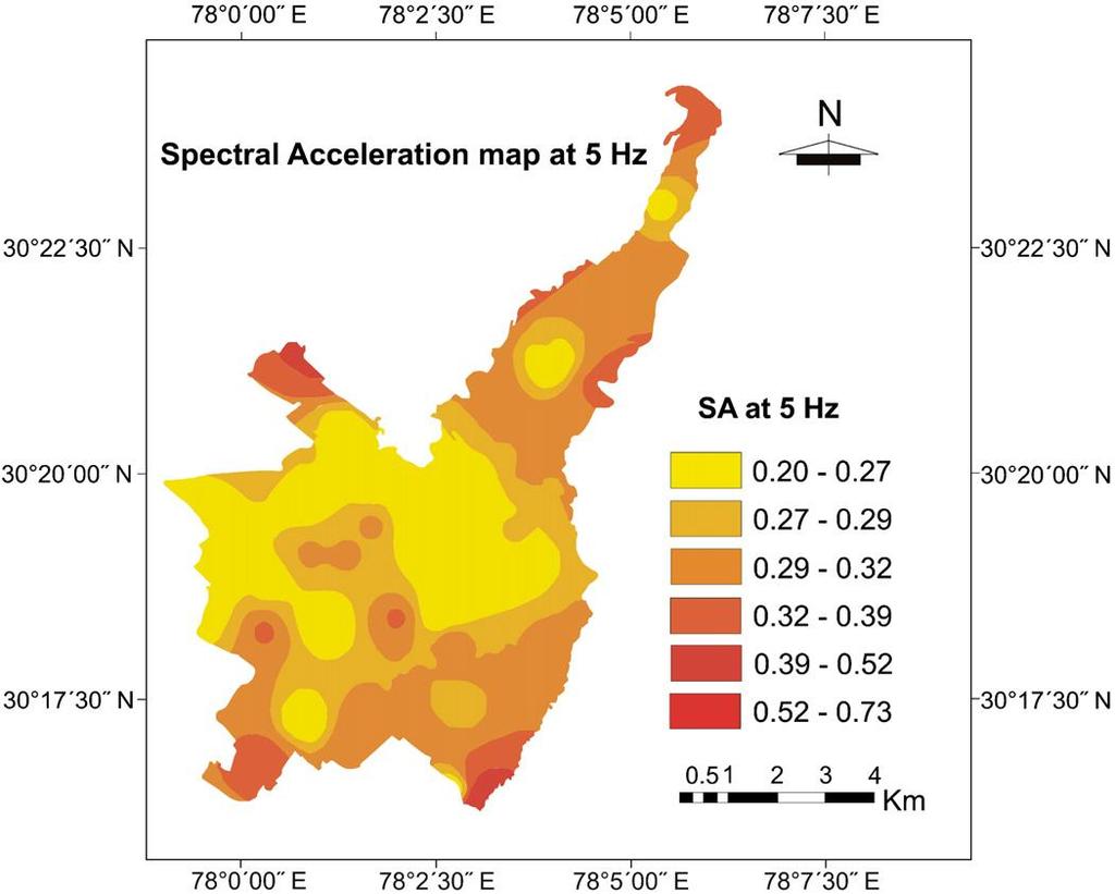 Fig 11.12: Seismic microzonation map of Dehradun in terms of spectral acceleration at 5% damping for two-storey structures (5 Hz) Fig 11.