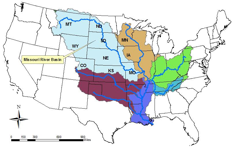 Missouri River Basin (MoRB) - Basics Nation s longest (2,300 miles) from Three Forks, MT to St. Louis, MO.