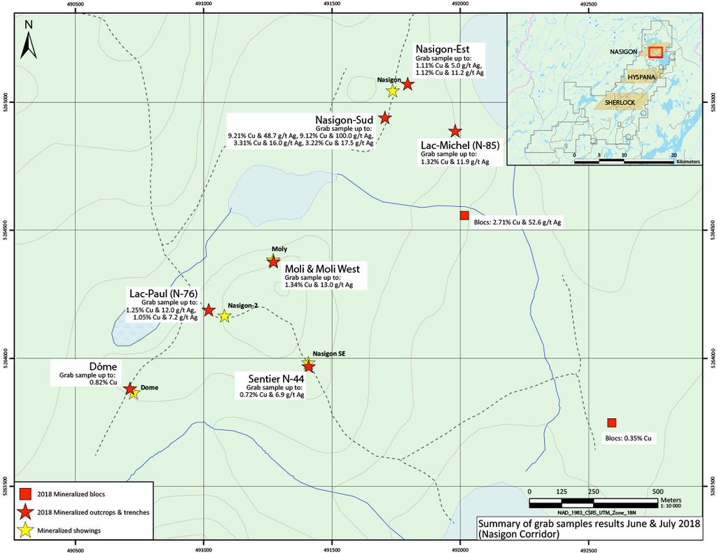 3 Nasigon Corridor Surface follow up of the geophysical anomalies that were identified in the spring lead to the discovery of new copper zones in the north western portion of the grid (Figure 2).