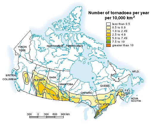 Tornado Risk in Canada (LG: 3d) Greatest tornado frequency in Canada photo courtesy of EC 39 iclicker Question (LG: 3a-e) A risky place to be, regarding tornadoes, is A) under a