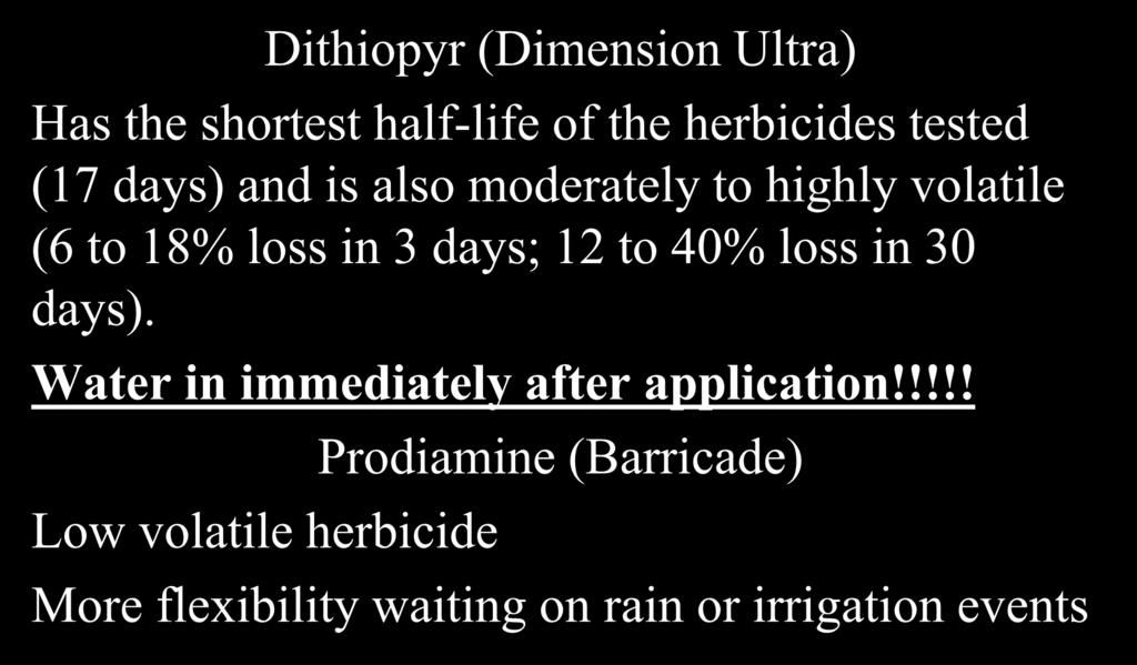 Discussion Dithiopyr (Dimension Ultra) Has the shortest half-life of the herbicides tested (17 days) and is also moderately to highly volatile (6 to 18% loss in 3 days;