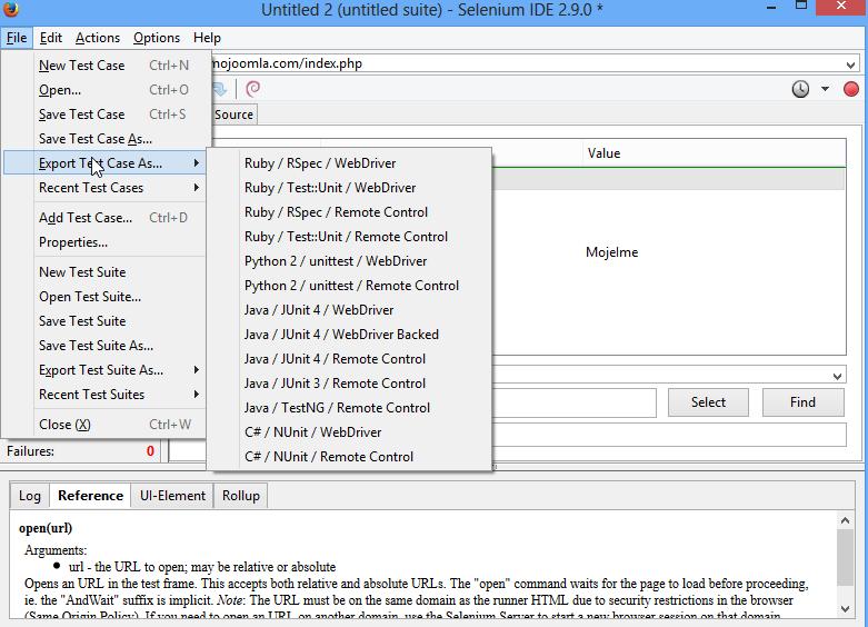 Slika 4 Izgled Selenium IDE, različica 2.9.0, s prikazom možnih izvozov Selenium Grid omogoča povezavo več vozlišč Selenium (nodes) v skupno dostopno točko (hub).