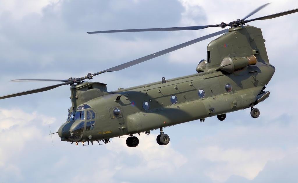 17 PHYS2023W1 B4. The Boeing CH-47 Chinook helicopter has two synchronized, counter-rotating rotors, with axes separated by 11.9 m, which rotate at 225 revolutions per minute.