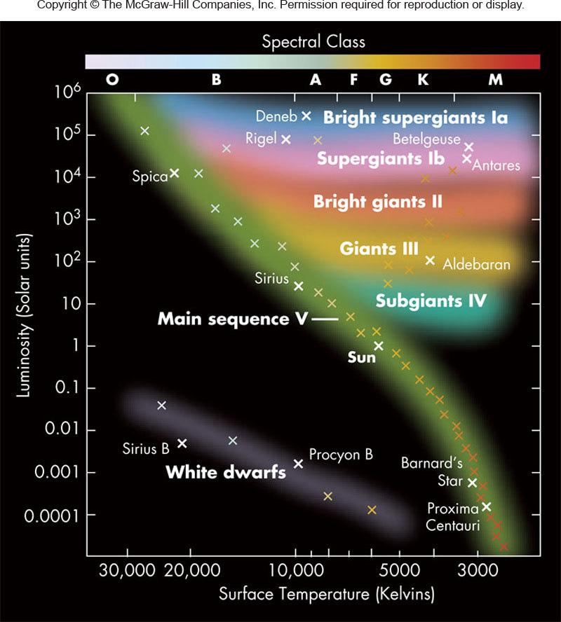 line depends on density: wide for high density, narrow for low density Luminosity Classes Luminous stars (in upper right of H-R diagram) tend to be less dense, hence narrow absorption lines H-R
