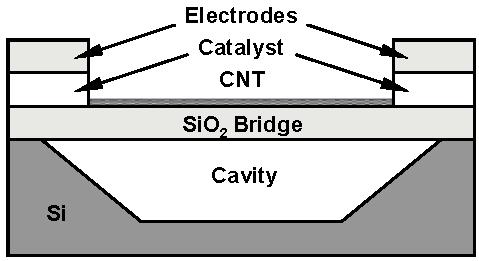 We conceived and designed silicon oxide micro bridges to geometrically isolate the CNTs and the contact electrodes from the substrate to significantly suppress feedthrough signals, as shown in Fig. 3.