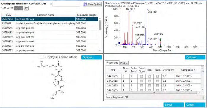 2: Database Search: For complete unknowns, molecular formula search results are shown in a peak browser window in the lower part of the TOF- MS mass spectrum; with ChemSpider database search, results
