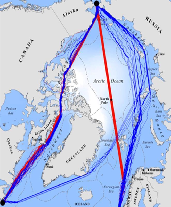 September most navigable month Arctic ice sheet expected to thin for unaccompanied passage between Atlantic and Pacific Route directly over North Pole 20% shorter than the Northern Sea Route (hugs