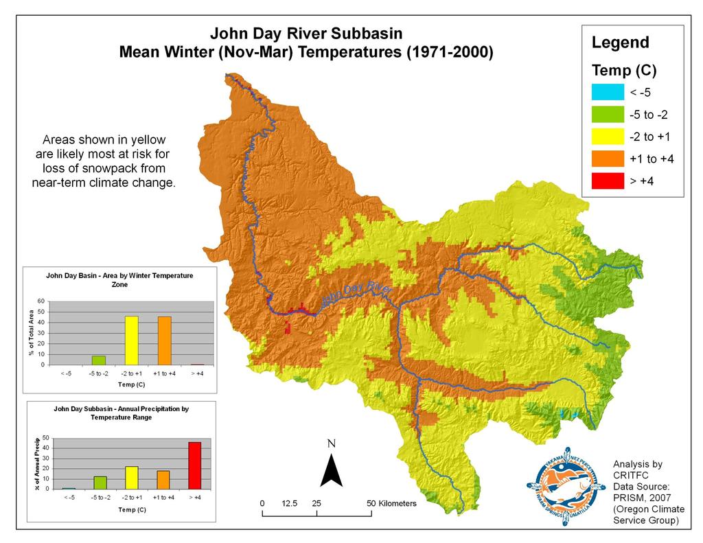 In the John Day subbasin (Figure 4), most of the lower river and its forks have mean monthly midwinter temperatures that are above one degree C, so are not typically snow-dominated regimes, but most