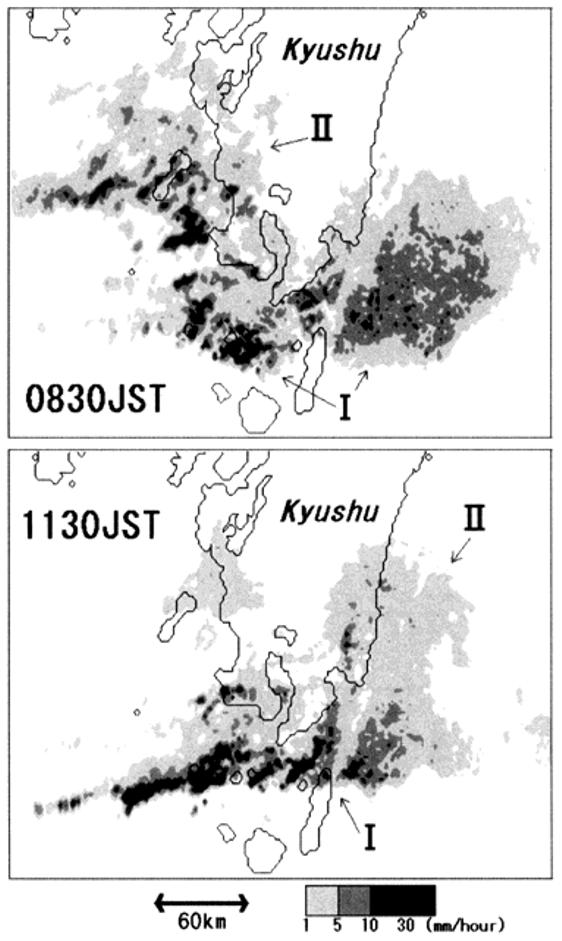 I, II and III denote cloud regions. Fig. 2. Rainfall intensity fields at 0830 JST and 1130 JST 7 July 1996.