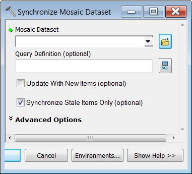 Mosaic Dataset Update Add new rasters from a folder - Synchronize Mosaic Dataset tool - Identify new data in the folder - Add Raster tool Source