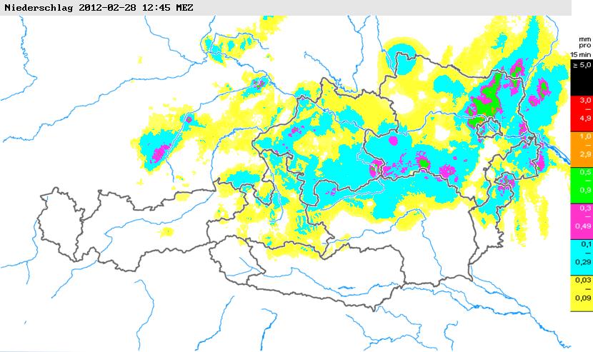Figure 2. INCA precipitation analysis for 20120228 1245 UTC for the Austrian domain. 3.1.4 Precipitation types For many applications, the distinction between rain and snow may not be sufficient.