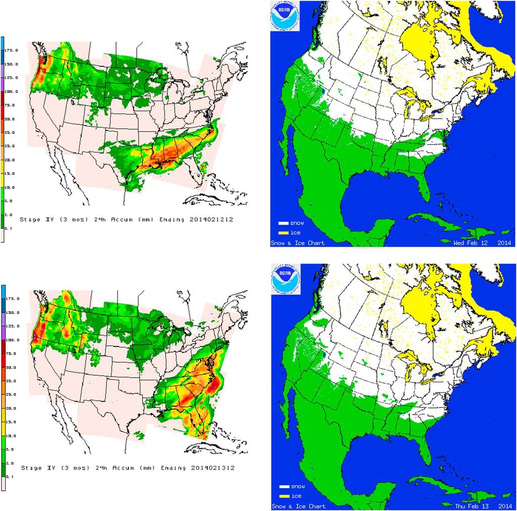 Figure 10. (left) The 24 h Stage IV precipitation accumulation in mm and (right) NOAA s IMS daily snow cover images over the U.S. during the 12 14 February 2014 winter storm. Table 8.