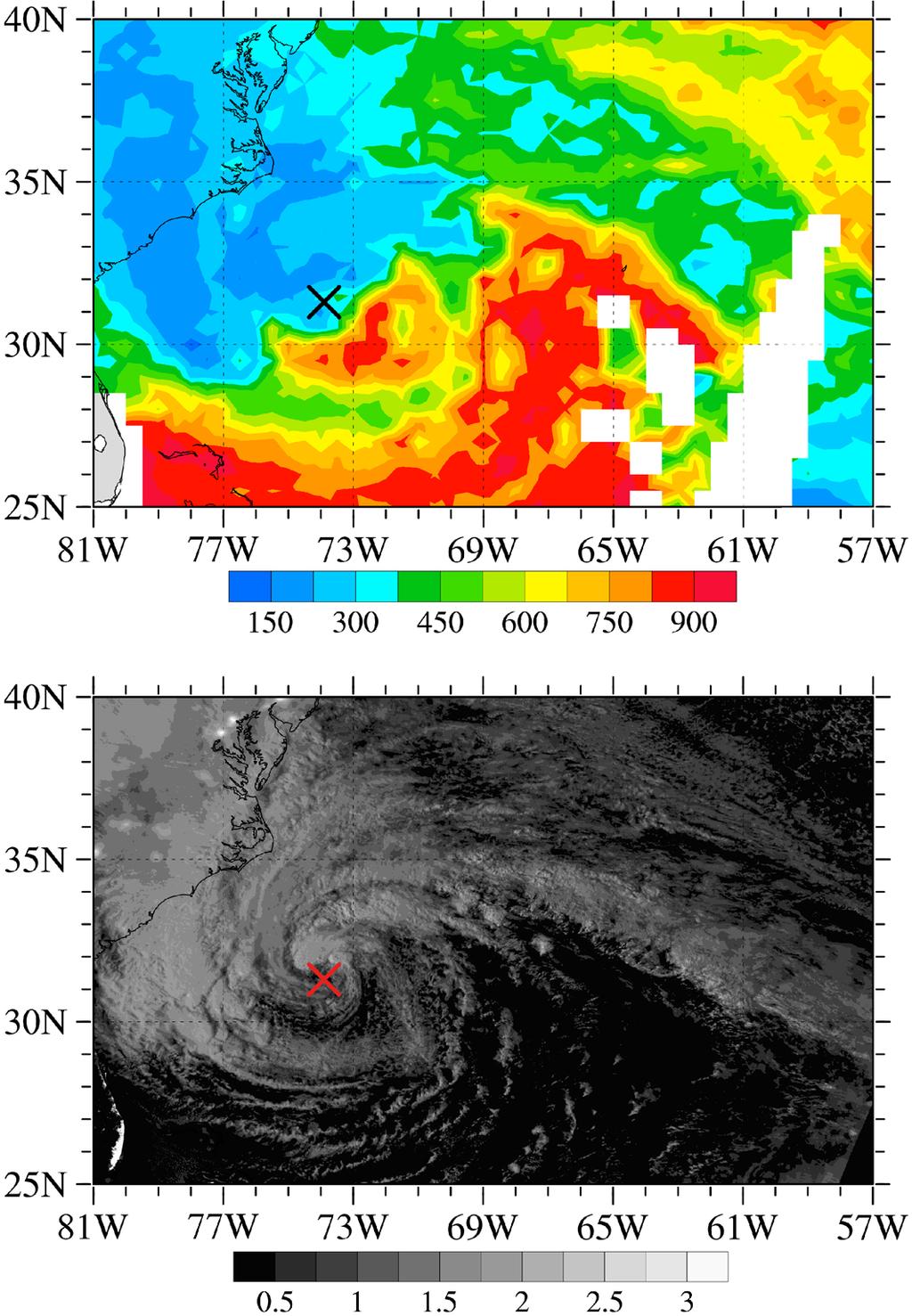 Figure 10. (a) Cloud top pressure retrieved from VIIRS observations at 0630 UTC on 28 October 2012.