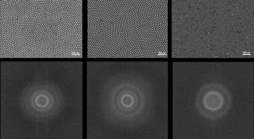 Supplementary Figure 1 SEM images and corresponding Fourier Transformation of nanoparticle arrays before