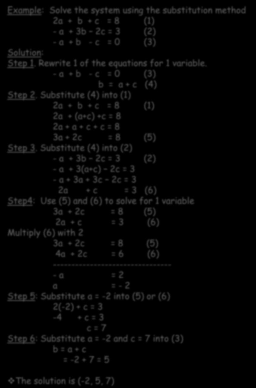 3.4Solving Linear Systems in Three Variables: Example: Solve the system using the substitution method 2a + b + c = 8 (1) - a + 3b 2c = 3 (2) - a + b - c = 0 (3) Step 1.