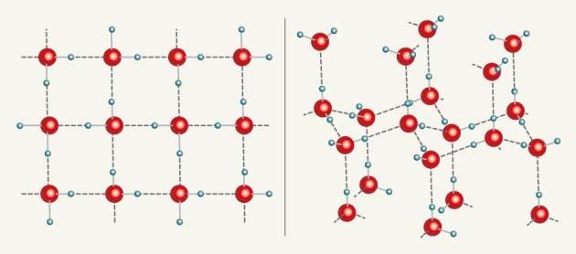 The six vertex model (Pauling, 1935) In 'square ice', which has been seen between graphene sheets, water molecules lock flat in a right-angled formation.
