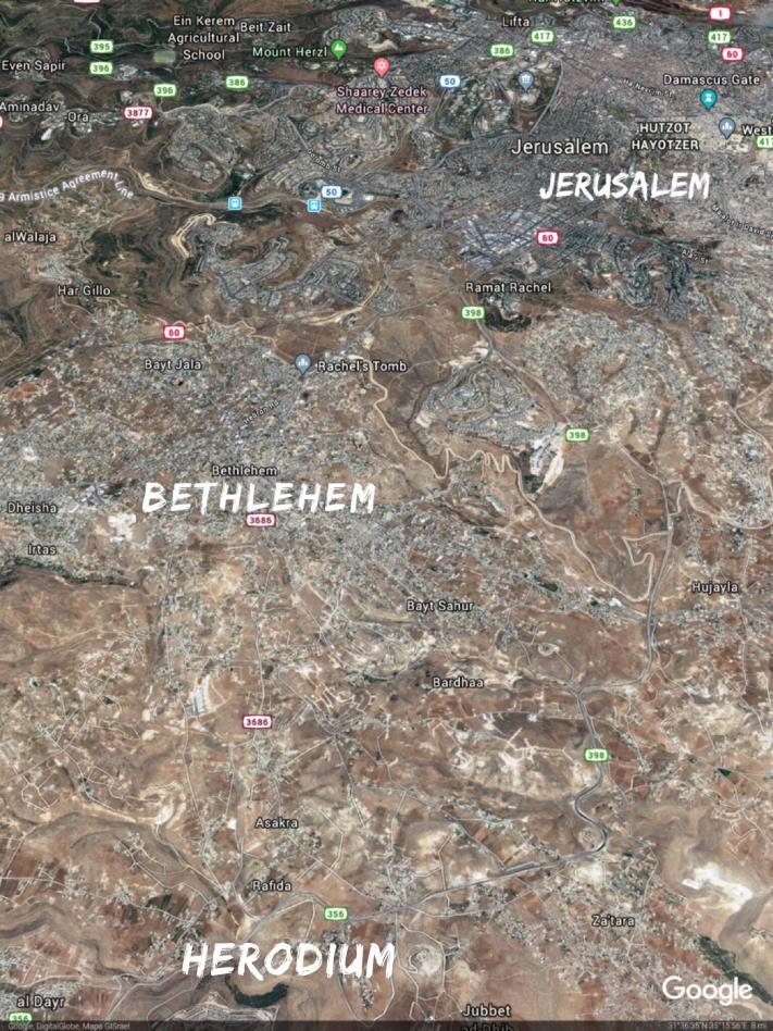Jerusalem but still close to Bethlehem, perhaps at his hill-top palace built in 23-20BC located about 3 miles as the crow flies (closer to 5 miles by the winding road) east of Bethlehem, called the