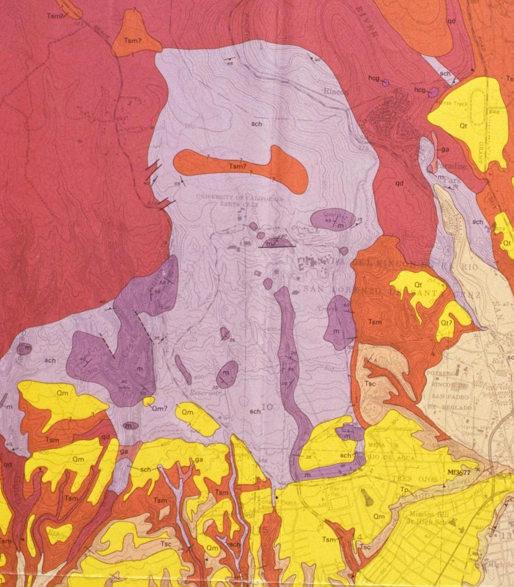 Regional Geologic Map UCSC Tan recent alluvium Yellow - terraces Orange sedimentary rocks Red - granite Light purple schist