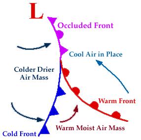 Occluded Front Figure E Image from University of Illinois Occluded fronts form when a cold front catches up to a warm front because cold fronts move along much faster than warm fronts do.