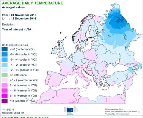 during the second half of November in regions surrounding the Alps, with temperature anomalies of up to 6 C above the