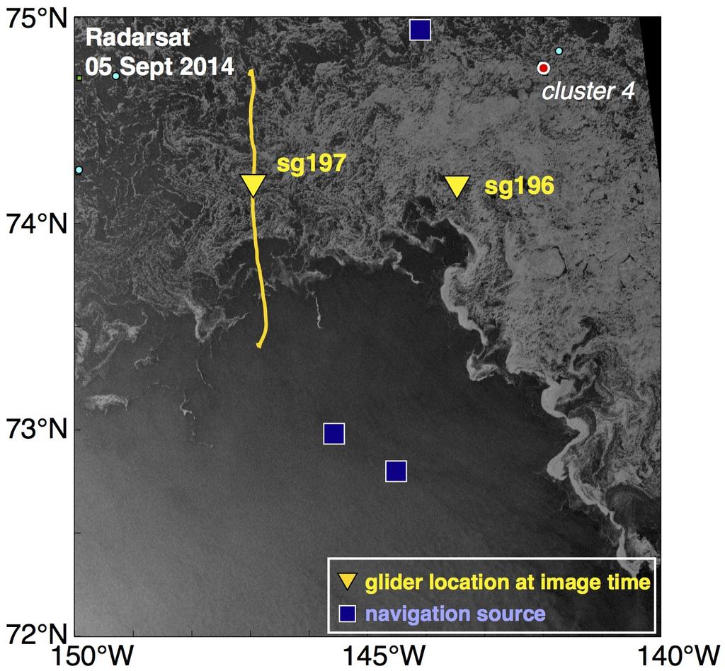 Figure 2. Example of a glider section from the ice to the open water, from sg197 in early September 2014.