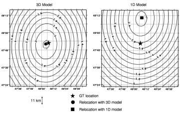 A.L. Levshin and M.H. Ritzwoller Fig. 3. Comparison of the results of relocation using the 3D model SR2002 and the 1D model ak135 for a nuclear test at Azgir (N.W. Kazakhstan).