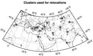 Application of a Global 3D Model to Improve Regional Event Locations Fig. 4. The location of 15 event clusters containing 193 events that are relocated.